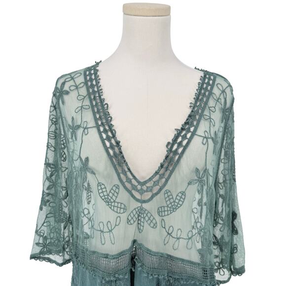 Bohemian Sage Green Embroidered Lace Tunic Top Deep V Neck Cottagecore Boho - Picture 3 of 5